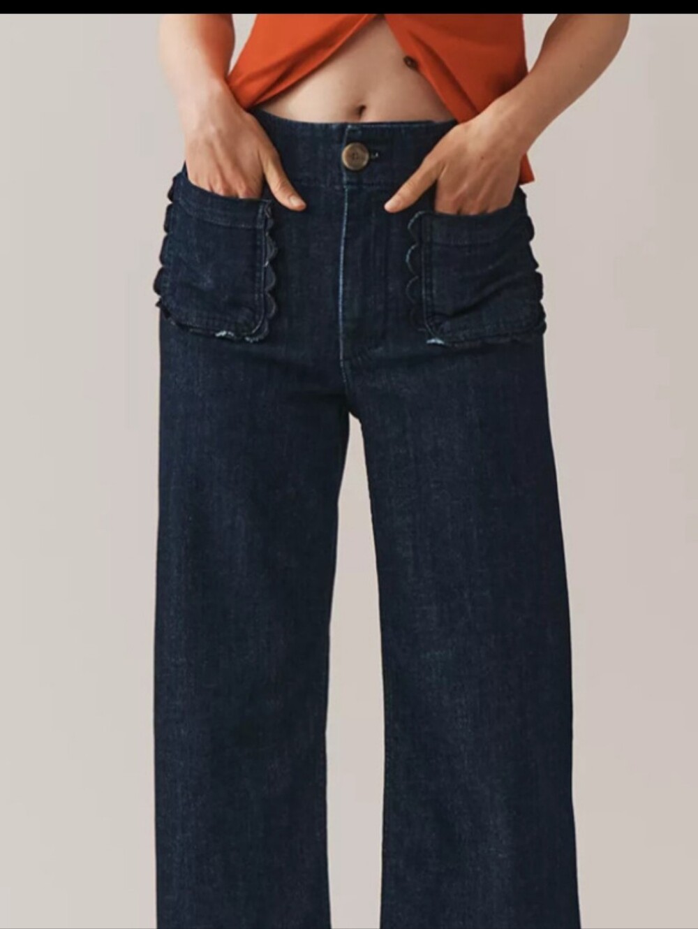 NWT Anthropologie Maeve The Colette Scallop Pocket Wide Leg Jeans 32 Tall Rinse